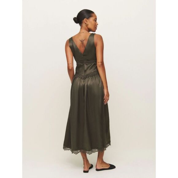 NWT Reformation Stasia Lace Trim Silk Maxi Dress in Pine Tree - Picture 4 of 15